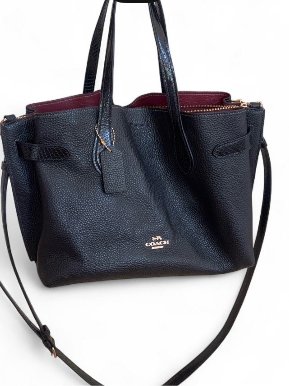 Coach Black Pebbled Leather Tote with Burgundy Interior